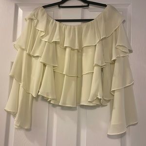 DO + BE yellow long sleeve ruffled OFF shoulder top